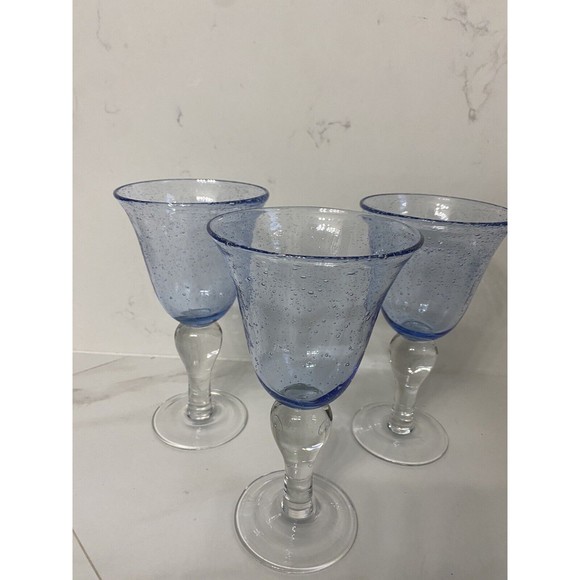 3 Artland Iris Light Blue Hand Blown Bubble Glass Bulbous Clear Stem Goblets - Picture 3 of 15